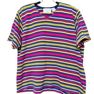 VTG Retro 90s Multi Color Petite Striped Knit Short Sleeve T-Shirt Top Womens 1P